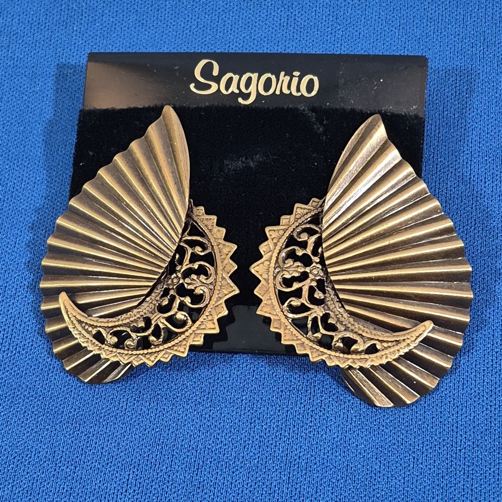 Gold Bronze Tone Art Deco Fan Stud Earrings Statement Vintage Style